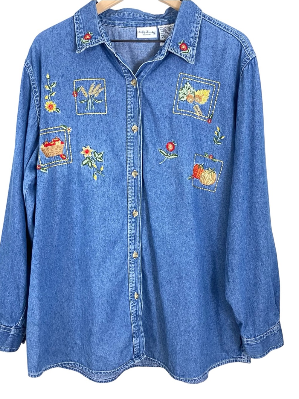 Vintage Bobbie Brooks Womens Shirt 22W/24W Denim Embroidered Floral Leaf Fall